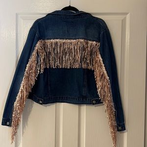 Jean jacket with rose gold fringe